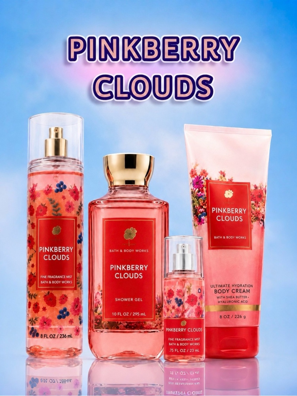 BBW Pinkberry Clouds 4Pc Set Full + Mini Mist Shower Gel Body Cream